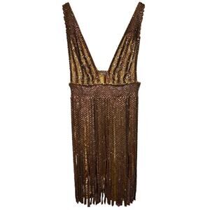 NWT Mandalay Gold Beaded Fringe Studded Sequin Mini Cocktail Party Dress Size 6